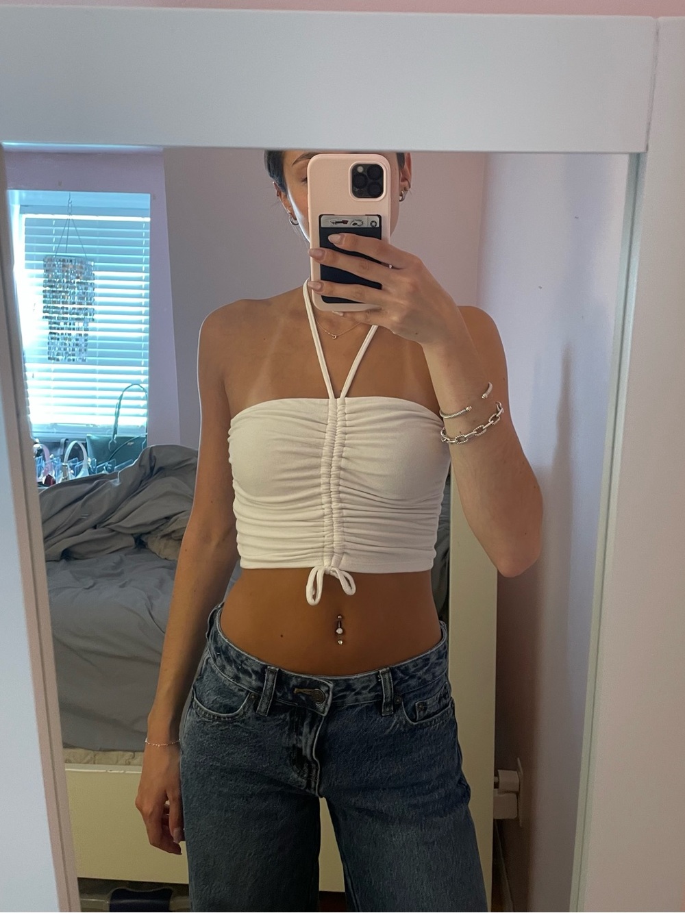 Garage White Ruched Halter Crop Top